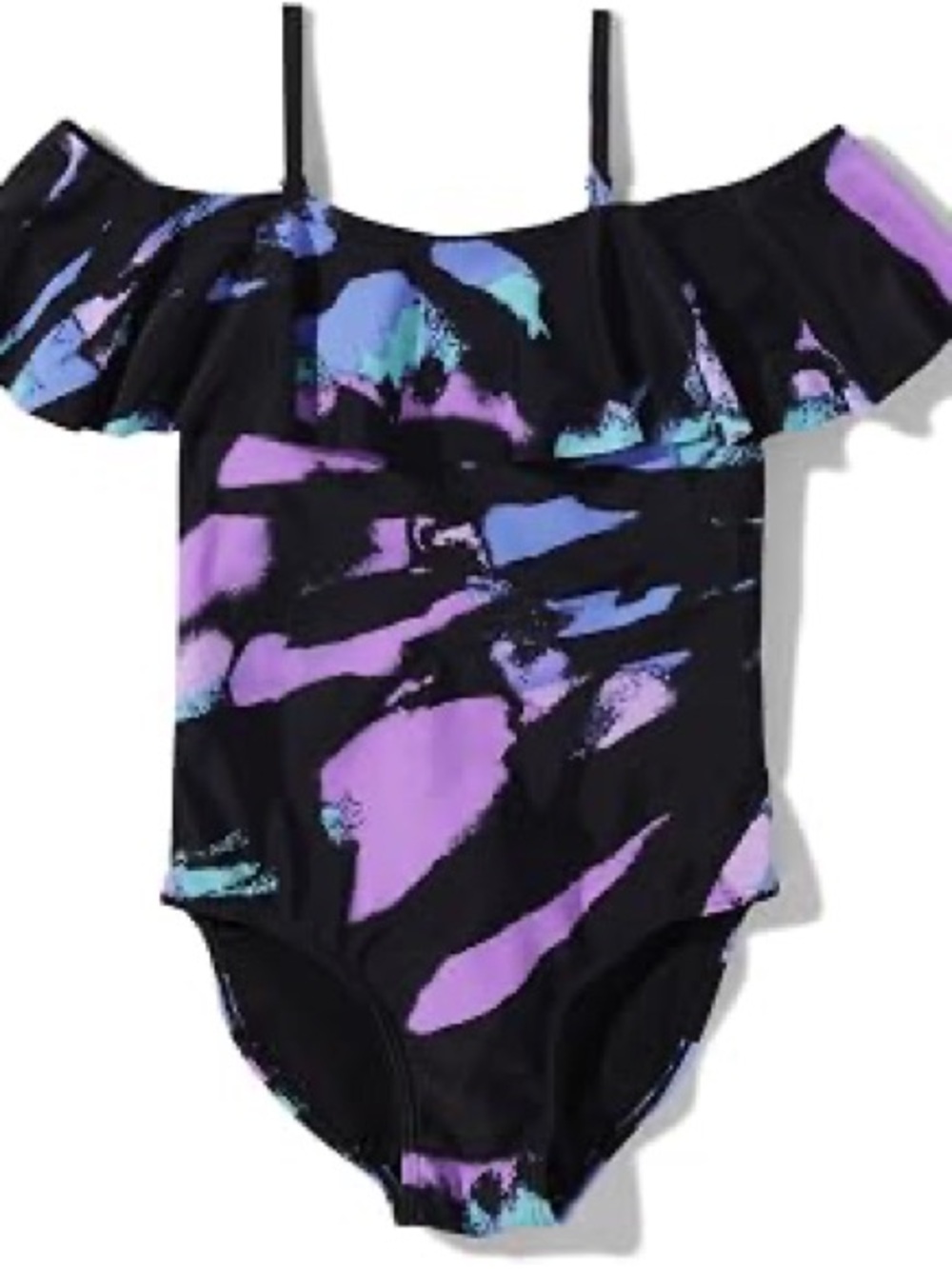 Girls Black One-Piece Swimsuit with Purple and Teal Print